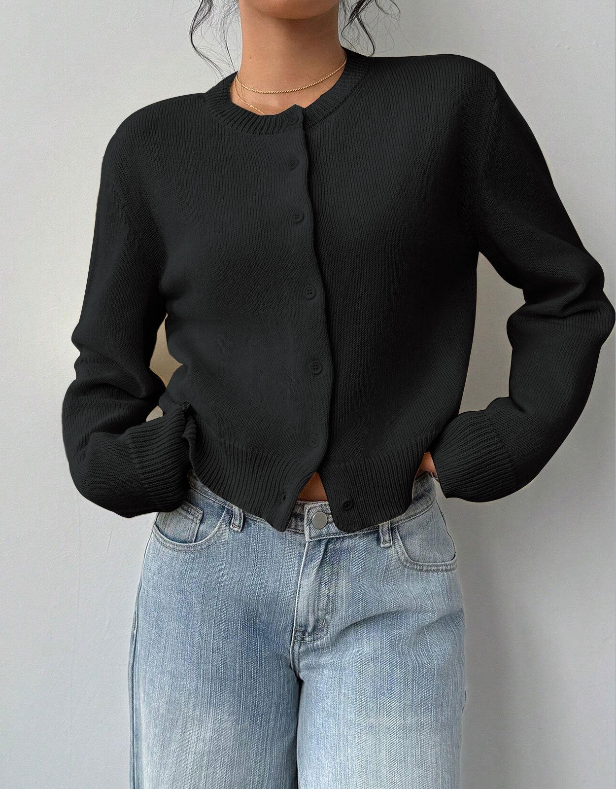 Phoebe | Women's Cropped Cardigan, Round Neck Button-Up Knit with Ribbed Trim, Winter - Beige