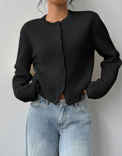 Phoebe | Women's Cropped Cardigan, Round Neck Button-Up Knit with Ribbed Trim, Winter - Beige