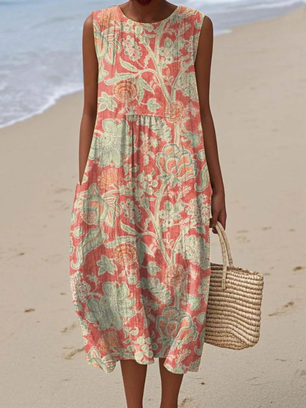 Women's Floral Midi Dress with Relaxed Sleeveless Silhouette