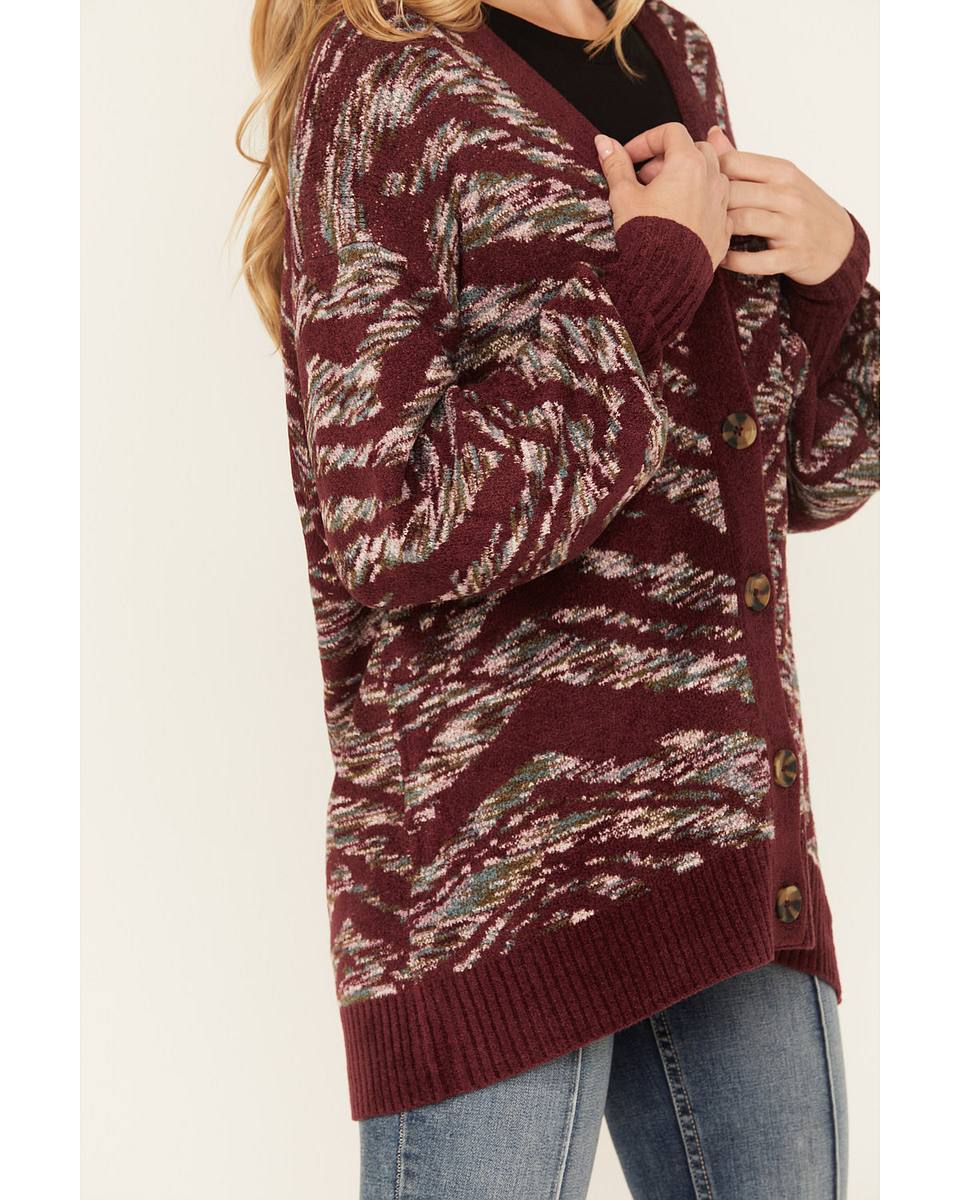 Katie | Women's Cardigan Artisanal Print V-Neck Puff Sleeve Button Front Rib Knit Soft Chic Feminine Layering Autumn Winter