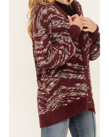 Katie | Women's Cardigan Artisanal Print V-Neck Puff Sleeve Button Front Rib Knit Soft Chic Feminine Layering Autumn Winter