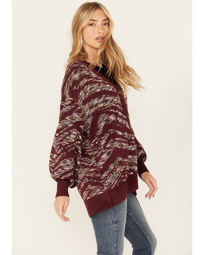 Katie | Women's Cardigan Artisanal Print V-Neck Puff Sleeve Button Front Rib Knit Soft Chic Feminine Layering Autumn Winter