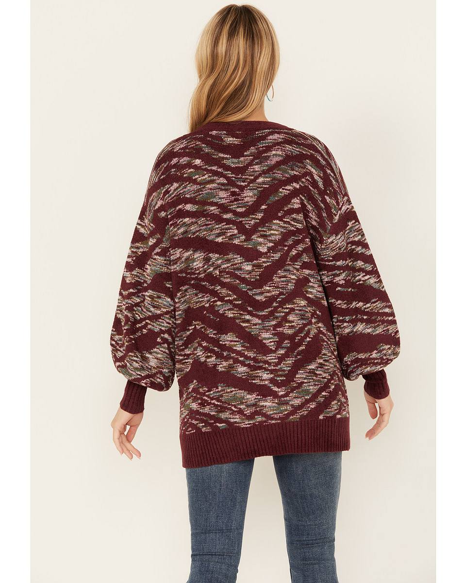 Katie | Women's Cardigan Artisanal Print V-Neck Puff Sleeve Button Front Rib Knit Soft Chic Feminine Layering Autumn Winter