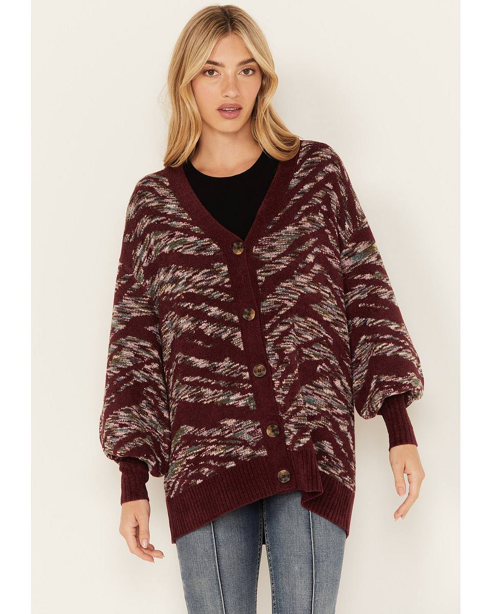 Katie | Women's Cardigan Artisanal Print V-Neck Puff Sleeve Button Front Rib Knit Soft Chic Feminine Layering Autumn Winter