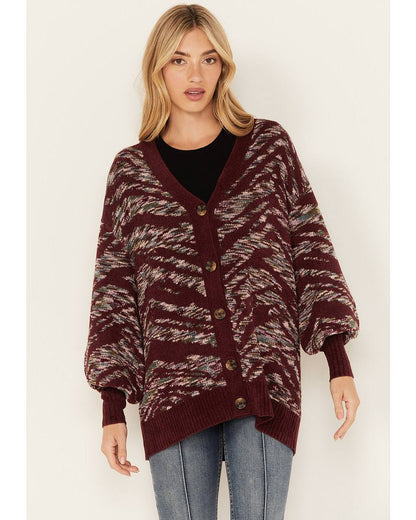 Katie | Women's Cardigan Artisanal Print V-Neck Puff Sleeve Button Front Rib Knit Soft Chic Feminine Layering Autumn Winter