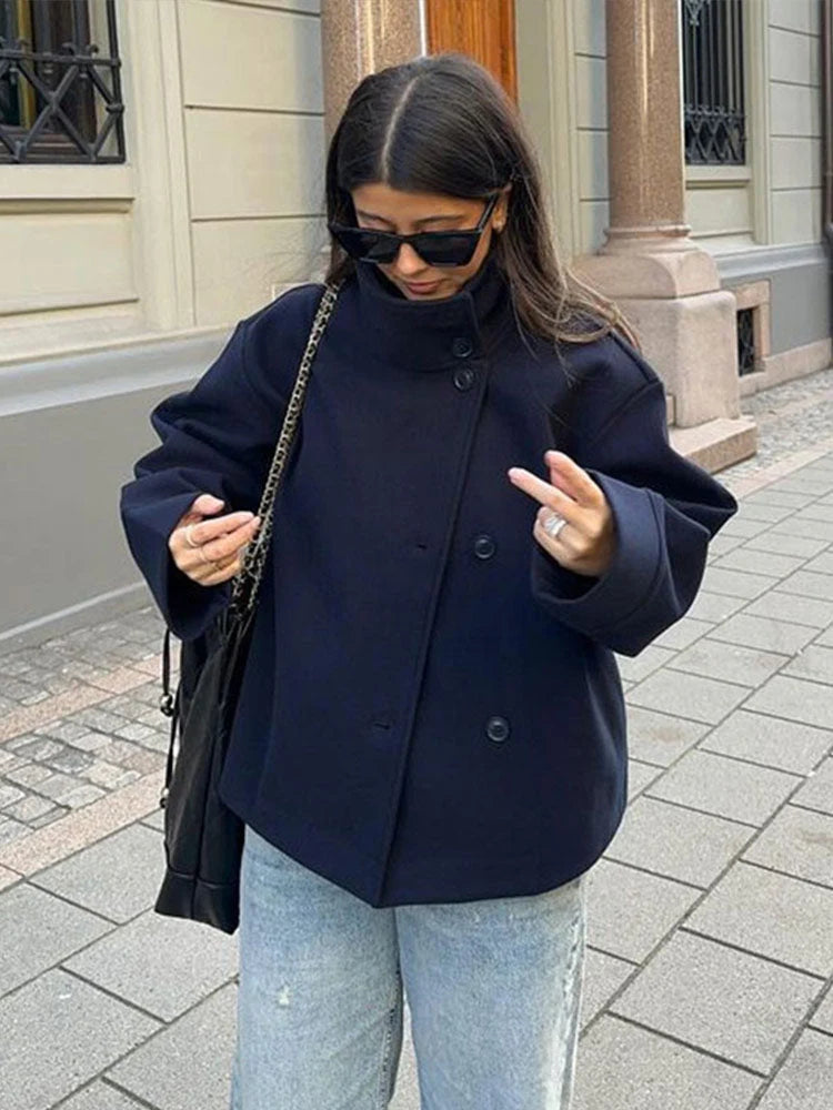 Kelsey | Women's Peacoat Cropped Double-Breasted Wool-Blend Stand Collar Structured Warm Tailored Smart Occasion Everyday Autumn