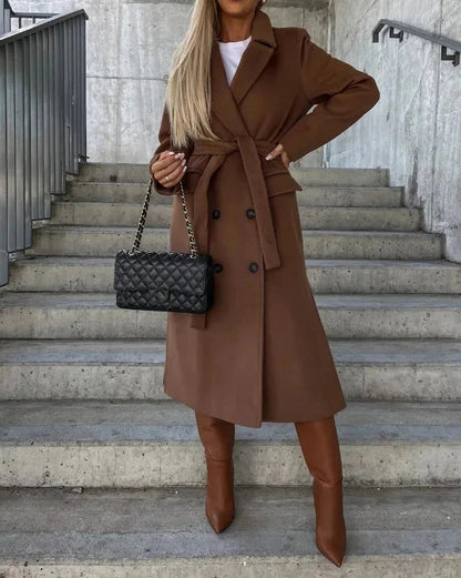 Khloe | Women's Trench Coat Long Belted Double-Breasted Notch Lapel Flowing Tailored Timeless Smart Occasion Everyday Autumn