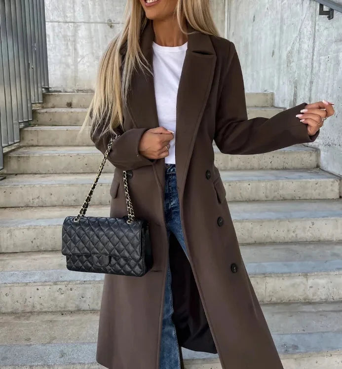 Khloe | Women's Trench Coat Long Belted Double-Breasted Notch Lapel Flowing Tailored Timeless Smart Occasion Everyday Autumn