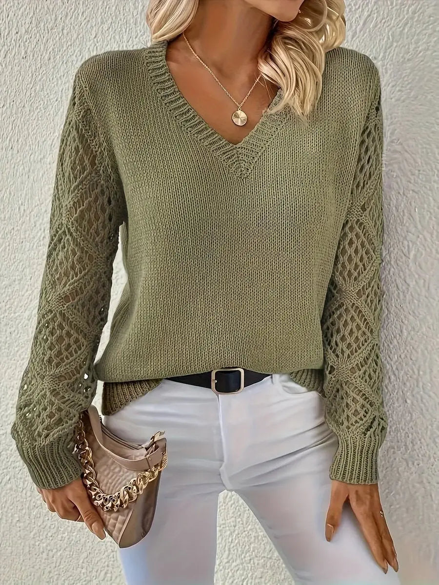 Phoebe | Women's Knitted Sweater Top, V-Neck Hollow Sleeve Jumper, Winter