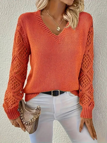 Phoebe | Women's Knitted Sweater Top, V-Neck Hollow Sleeve Jumper, Winter