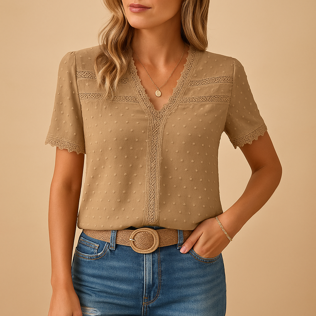 Eirene | Women's V-Neck Lace Trim Blouse, Elegant Detail, Autumn