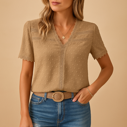 Eirene | Women's V-Neck Lace Trim Blouse, Elegant Detail, Autumn