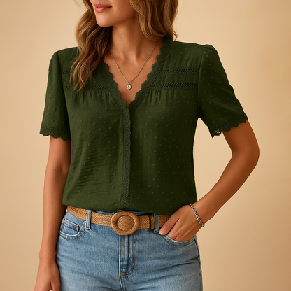 Eirene | Women's V-Neck Lace Trim Blouse, Elegant Detail, Autumn