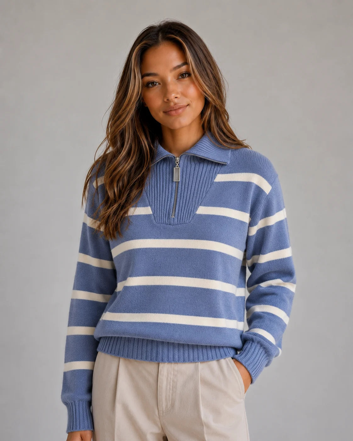 Laurel | Women's Sweater Striped Half-Zip Knitted Relaxed Collar Soft Cosy Warm Layering Chic Casual Everyday Autumn Winter