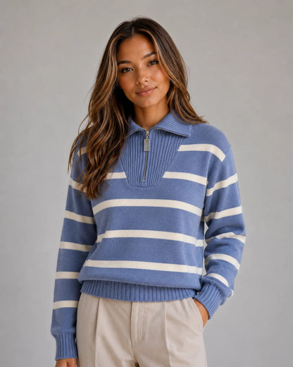 Laurel | Women's Sweater Striped Half-Zip Knitted Relaxed Collar Soft Cosy Warm Layering Chic Casual Everyday Autumn Winter