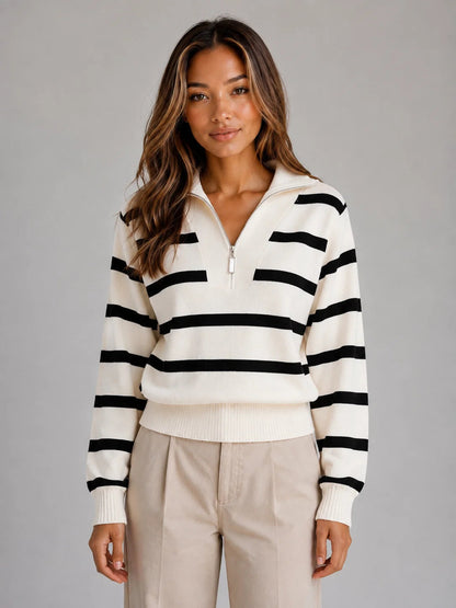 Laurel | Women's Sweater Striped Half-Zip Knitted Relaxed Collar Soft Cosy Warm Layering Chic Casual Everyday Autumn Winter