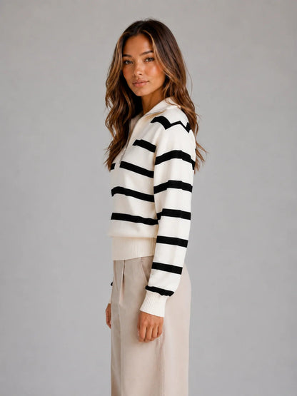 Laurel | Women's Sweater Striped Half-Zip Knitted Relaxed Collar Soft Cosy Warm Layering Chic Casual Everyday Autumn Winter