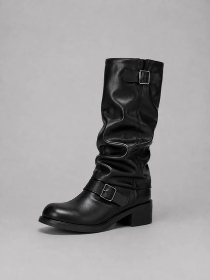 Leia | Women's Knee-High Boots Biker Buckle Detail Low Heel Smooth Structured Statement Chic Casual Everyday Autumn Winter