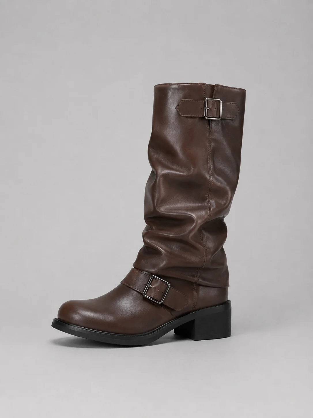 Leia | Women's Knee-High Boots Biker Buckle Detail Low Heel Smooth Structured Statement Chic Casual Everyday Autumn Winter