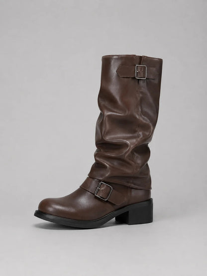 Leia | Women's Knee-High Boots Biker Buckle Detail Low Heel Smooth Structured Statement Chic Casual Everyday Autumn Winter