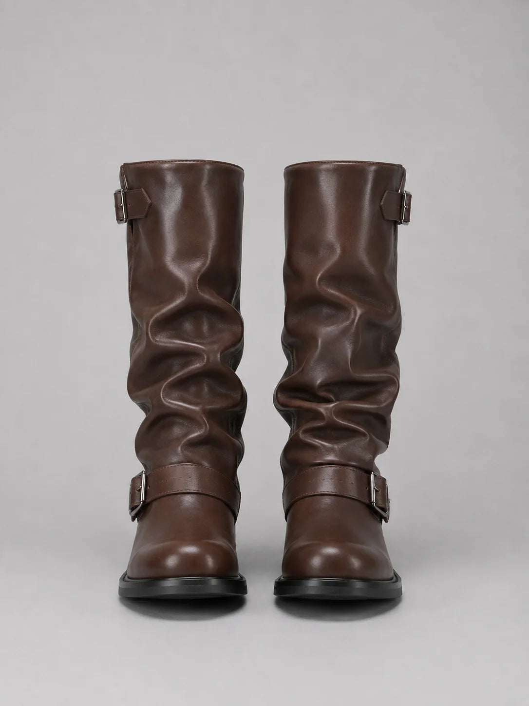Leia | Women's Knee-High Boots Biker Buckle Detail Low Heel Smooth Structured Statement Chic Casual Everyday Autumn Winter