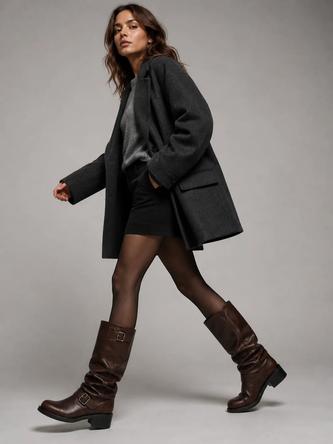 Leia | Women's Knee-High Boots Biker Buckle Detail Low Heel Smooth Structured Statement Chic Casual Everyday Autumn Winter
