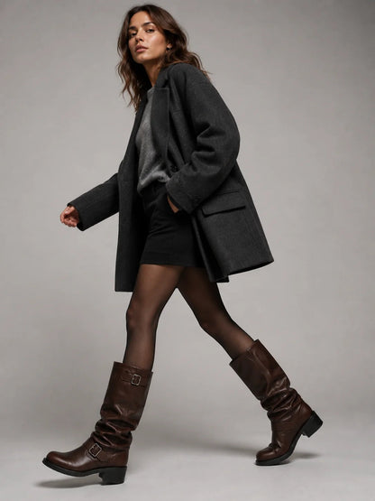 Leia | Women's Knee-High Boots Biker Buckle Detail Low Heel Smooth Structured Statement Chic Casual Everyday Autumn Winter