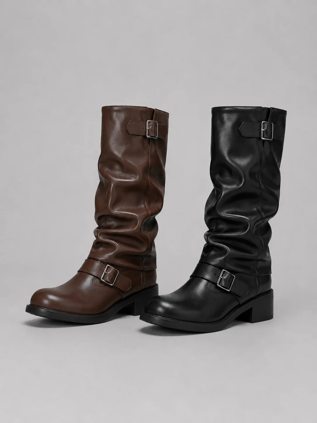 Leia | Women's Knee-High Boots Biker Buckle Detail Low Heel Smooth Structured Statement Chic Casual Everyday Autumn Winter