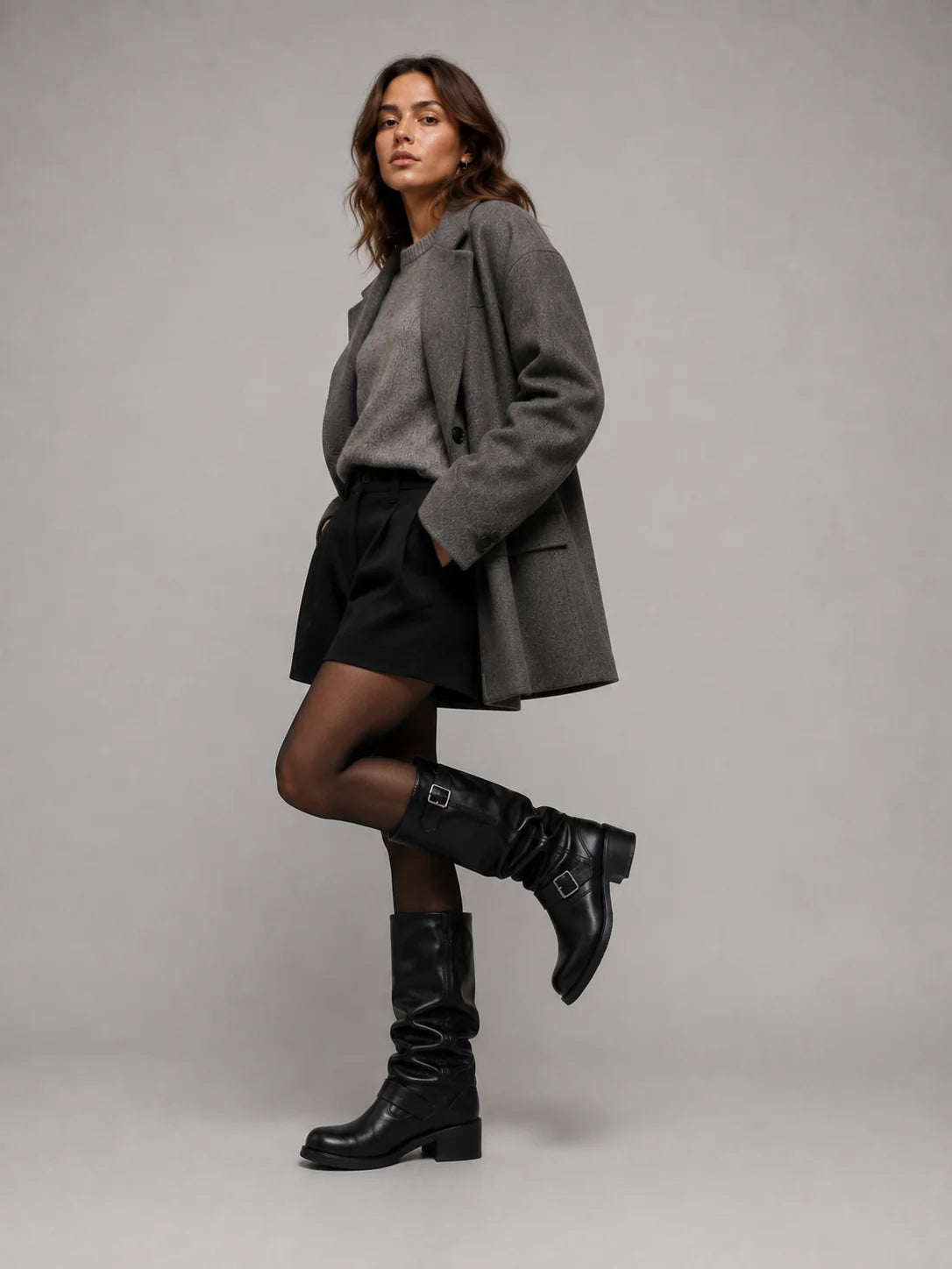 Leia | Women's Knee-High Boots Biker Buckle Detail Low Heel Smooth Structured Statement Chic Casual Everyday Autumn Winter