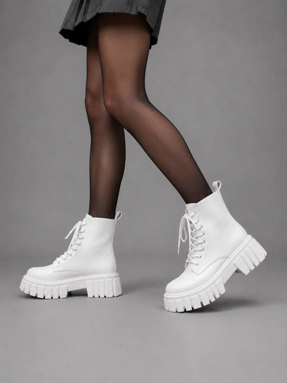 Leona | Women's Combat Boots Chunky Leather-Look Lace-Up Platform Ankle Bold Structured Statement Casual Everyday Autumn Winter