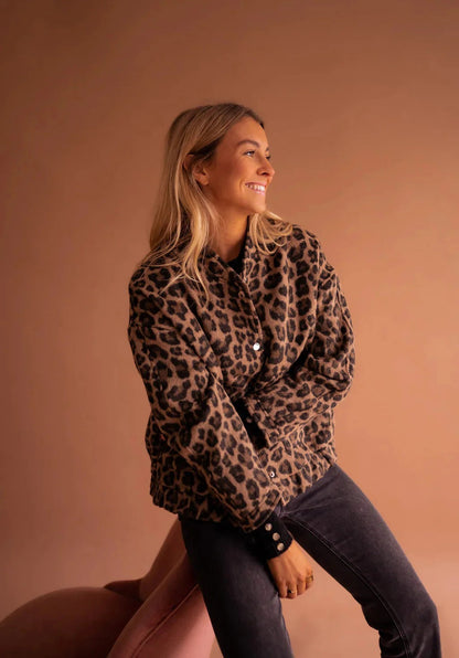 Stella | Women's Leopard Print Bomber Jacket, Snap-Button Front, Autumn