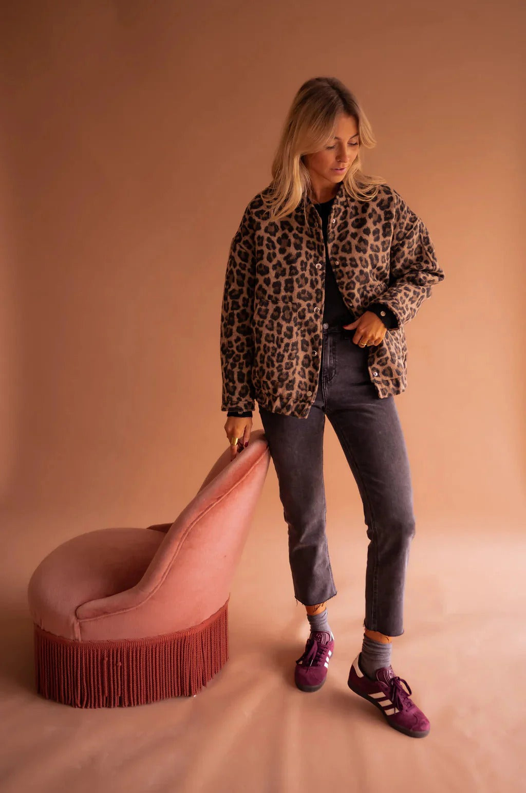 Stella | Women's Leopard Print Bomber Jacket, Snap-Button Front, Autumn