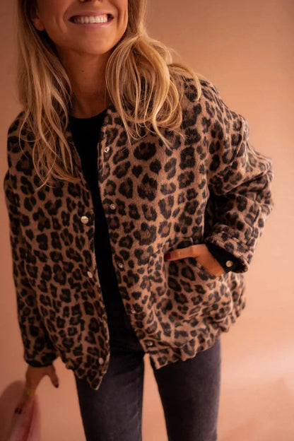 Stella | Women's Leopard Print Bomber Jacket, Snap-Button Front, Autumn
