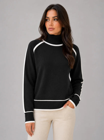 Liana | Women's Sweater Roll Neck Soft Relaxed Knit Contrast Trim Cosy Warm Layering Chic Feminine Casual Everyday Autumn Winter