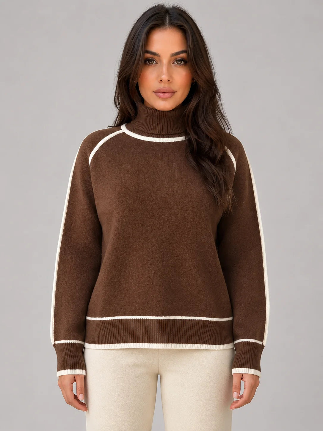 Liana | Women's Sweater Roll Neck Soft Relaxed Knit Contrast Trim Cosy Warm Layering Chic Feminine Casual Everyday Autumn Winter