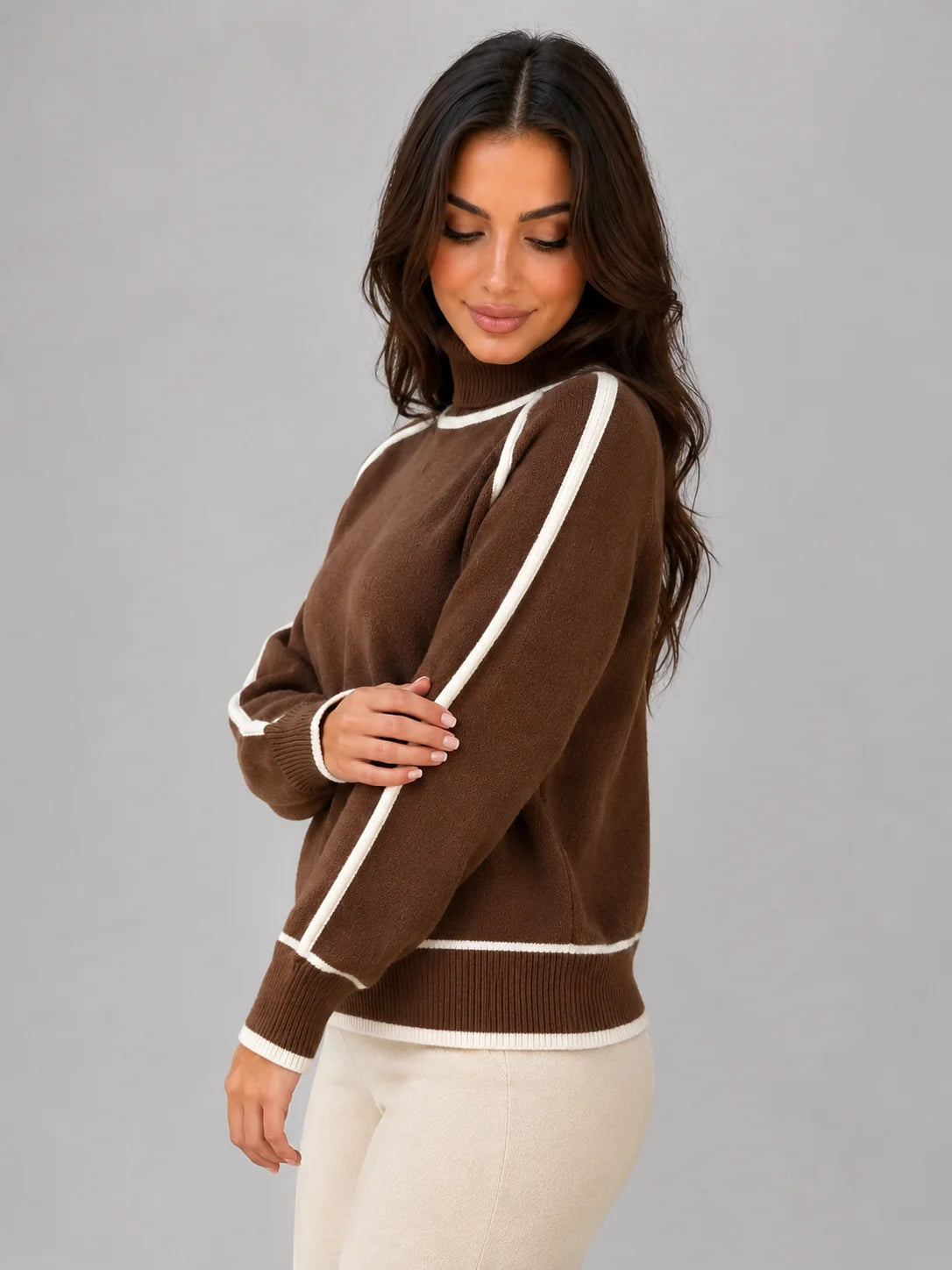 Liana | Women's Sweater Roll Neck Soft Relaxed Knit Contrast Trim Cosy Warm Layering Chic Feminine Casual Everyday Autumn Winter