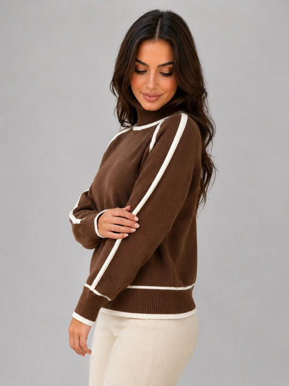 Liana | Women's Sweater Roll Neck Soft Relaxed Knit Contrast Trim Cosy Warm Layering Chic Feminine Casual Everyday Autumn Winter