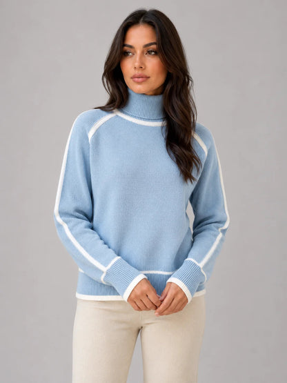 Liana | Women's Sweater Roll Neck Soft Relaxed Knit Contrast Trim Cosy Warm Layering Chic Feminine Casual Everyday Autumn Winter