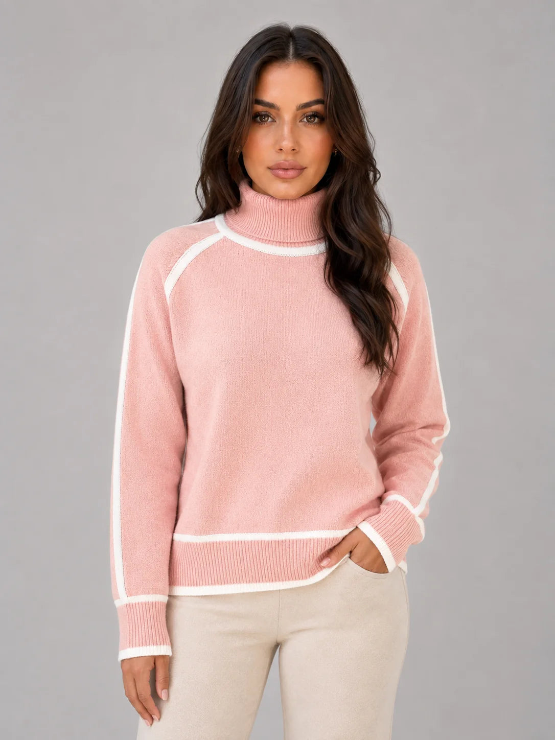 Liana | Women's Sweater Roll Neck Soft Relaxed Knit Contrast Trim Cosy Warm Layering Chic Feminine Casual Everyday Autumn Winter