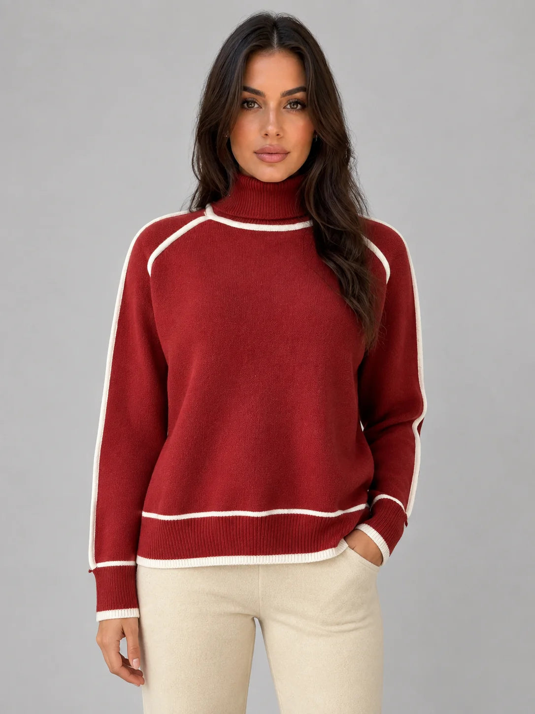 Liana | Women's Sweater Roll Neck Soft Relaxed Knit Contrast Trim Cosy Warm Layering Chic Feminine Casual Everyday Autumn Winter