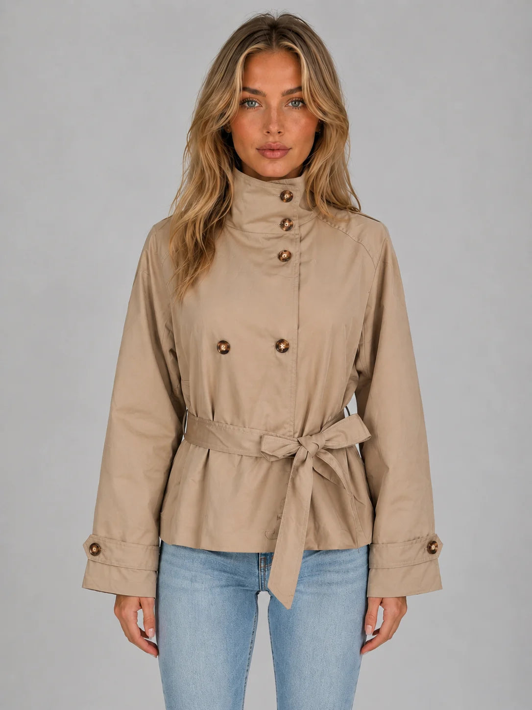Linda | Women's Trench Jacket Cropped Belted Double-Breasted Tailored Structured Smart Chic Occasion Everyday Autumn Winter