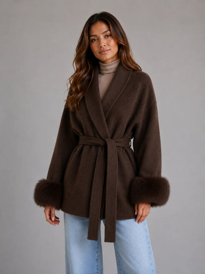 Livia | Women's Wool Coat Belted Wool-Blend Faux Fur Trim Wrap Shawl Collar Warm Tailored Elegant Occasion Everyday Autumn Winter