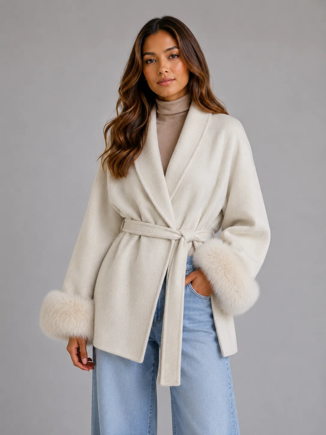 Livia | Women's Wool Coat Belted Wool-Blend Faux Fur Trim Wrap Shawl Collar Warm Tailored Elegant Occasion Everyday Autumn Winter