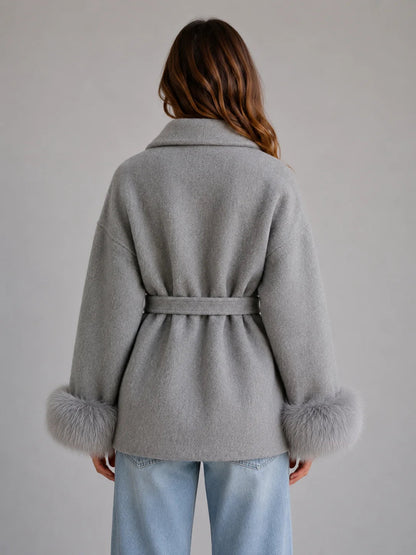 Livia | Women's Wool Coat Belted Wool-Blend Faux Fur Trim Wrap Shawl Collar Warm Tailored Elegant Occasion Everyday Autumn Winter