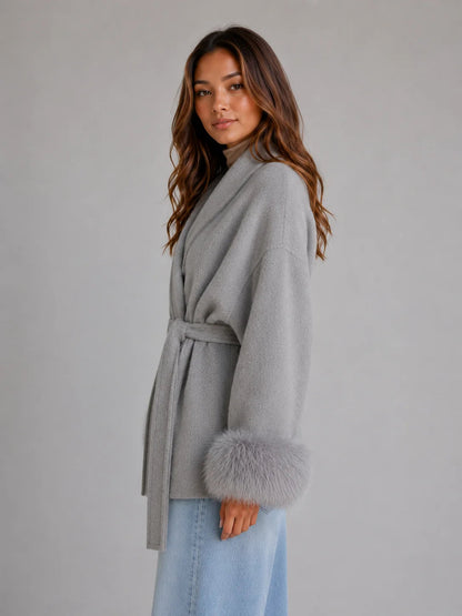 Livia | Women's Wool Coat Belted Wool-Blend Faux Fur Trim Wrap Shawl Collar Warm Tailored Elegant Occasion Everyday Autumn Winter
