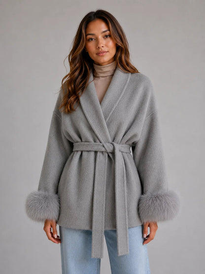Livia | Women's Wool Coat Belted Wool-Blend Faux Fur Trim Wrap Shawl Collar Warm Tailored Elegant Occasion Everyday Autumn Winter