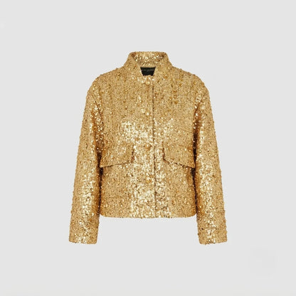 Lyric | Women's Bomber Jacket Gold Sequin Tweed Textured Structured Sparkle Statement Chic Occasion Party Festive Evening Autumn
