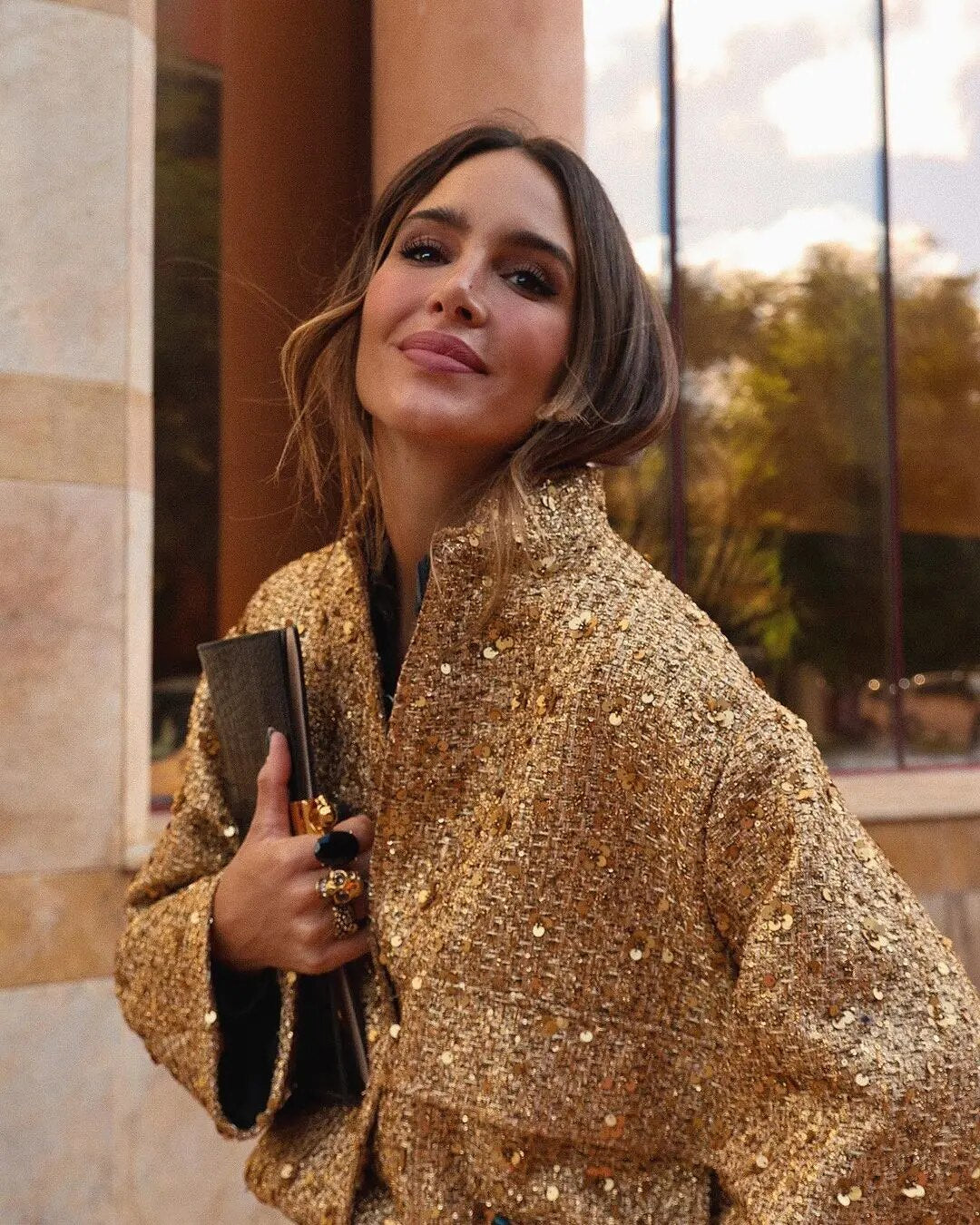 Lyric | Women's Bomber Jacket Gold Sequin Tweed Textured Structured Sparkle Statement Chic Occasion Party Festive Evening Autumn