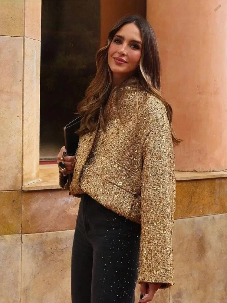 Lyric | Women's Bomber Jacket Gold Sequin Tweed Textured Structured Sparkle Statement Chic Occasion Party Festive Evening Autumn