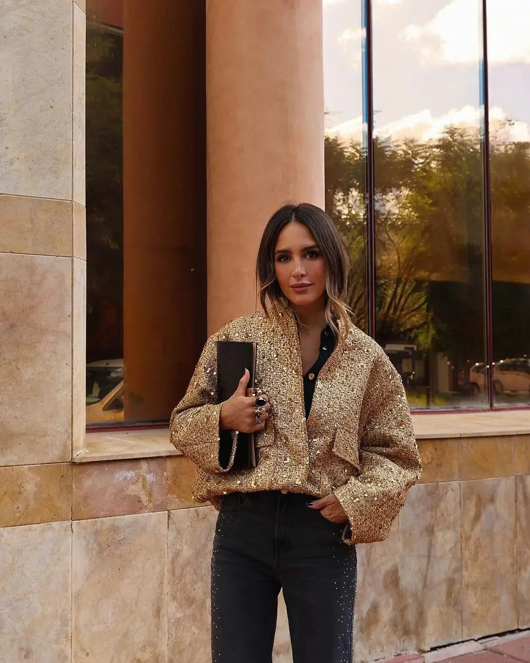 Lyric | Women's Bomber Jacket Gold Sequin Tweed Textured Structured Sparkle Statement Chic Occasion Party Festive Evening Autumn